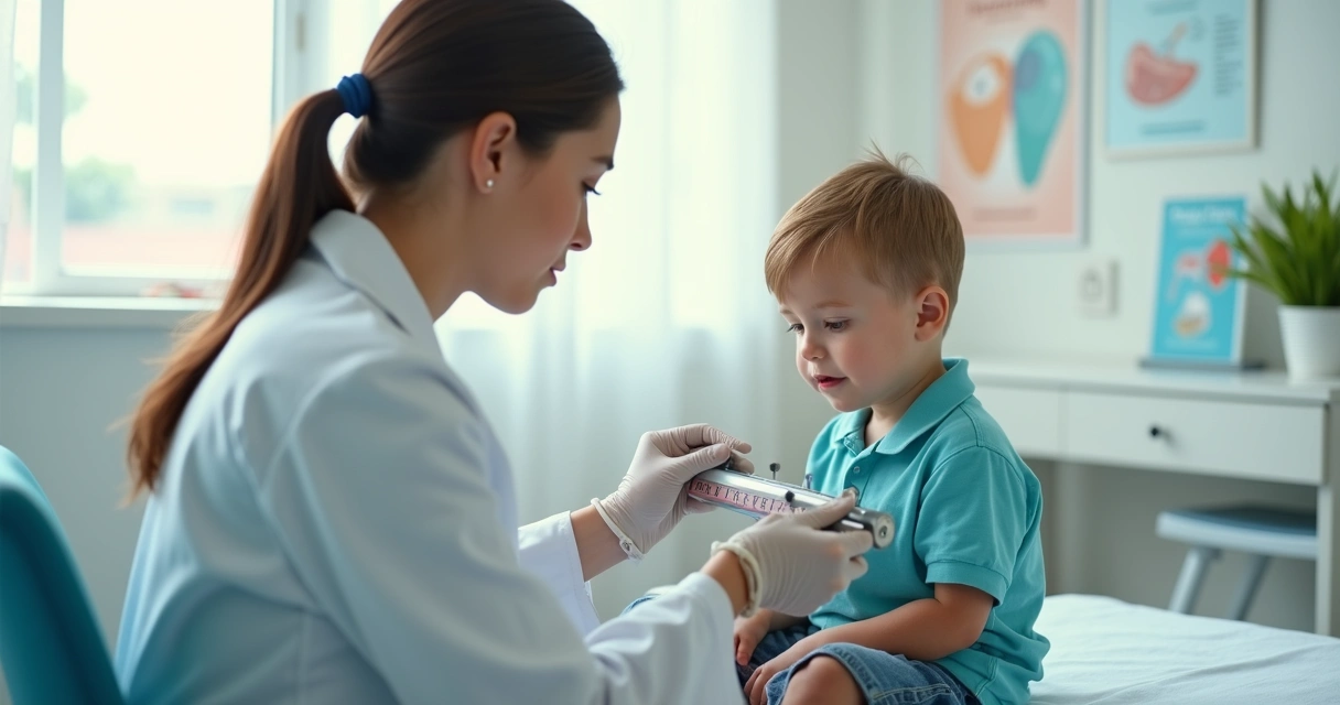 Médico utilizando orquidômetro para exame pediátrico em consultório clínico bem iluminado 