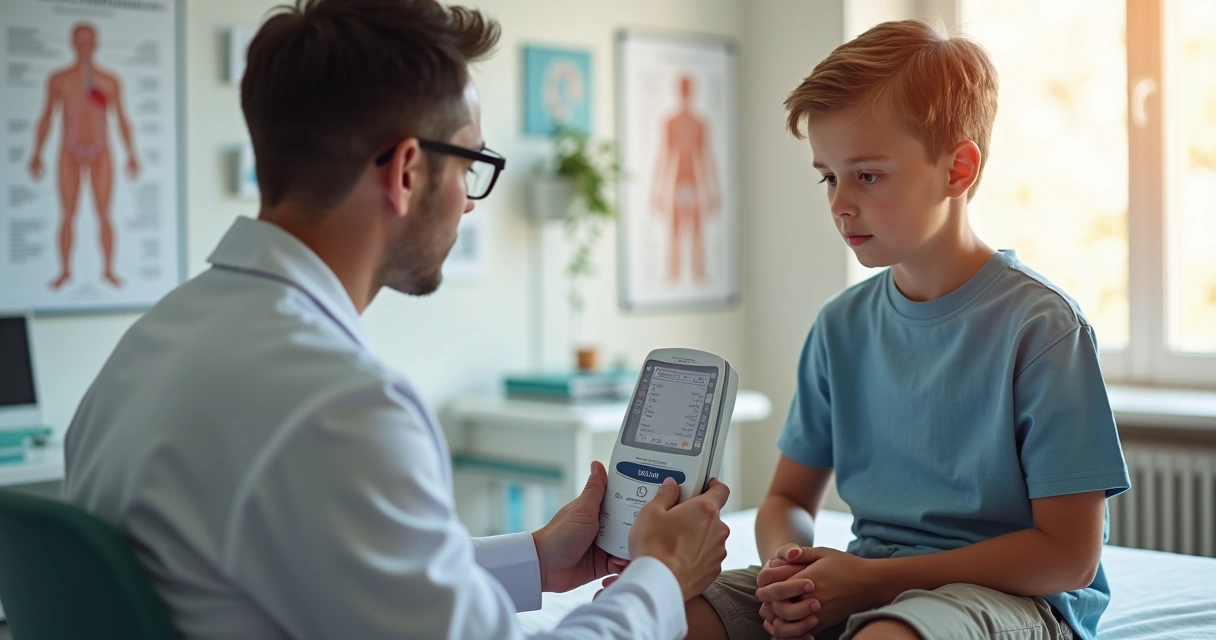 Médico medindo com orquidômetro o tamanho dos testículos de um menino em consultório clínico 