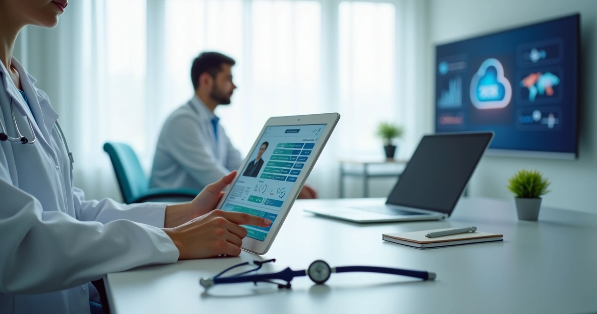 Profissional de saúde usando prontuário eletrônico em tablet em consultório moderno 