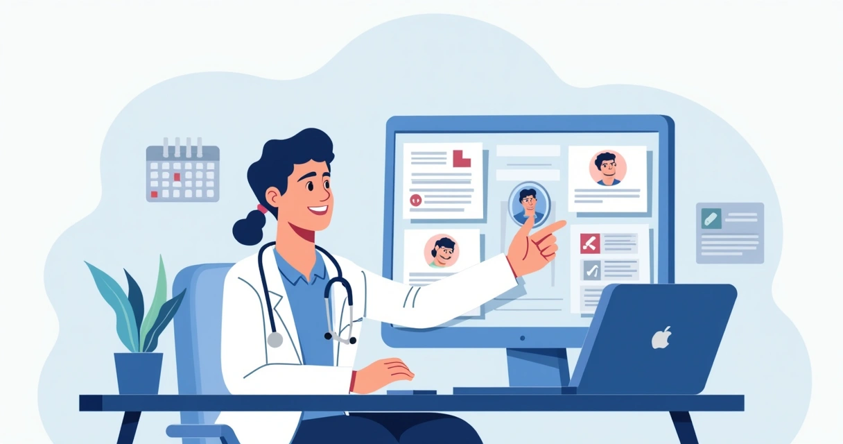 Médico usando software médico em monitor com interface digital clara 