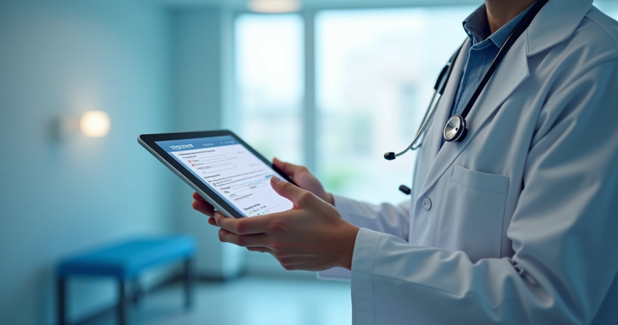 Médico de jaleco utilizando tablet com tela mostrando interface digital de emissão de guia médica 