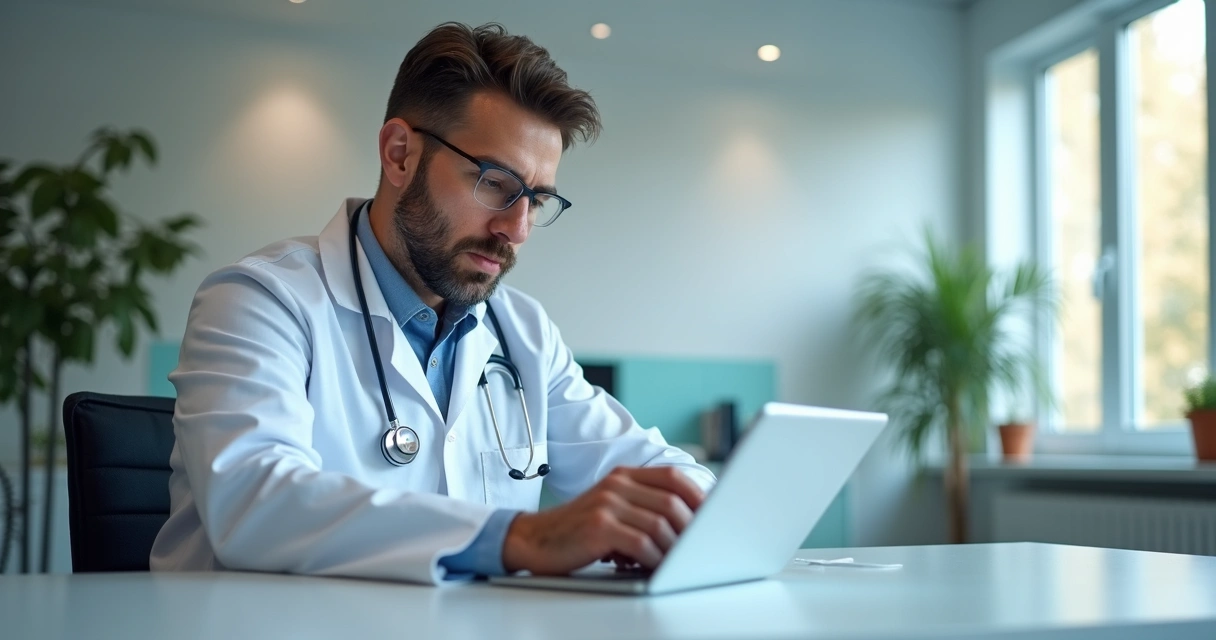 Médico sentado à mesa, usando tablet com prontuário digital intuitivo