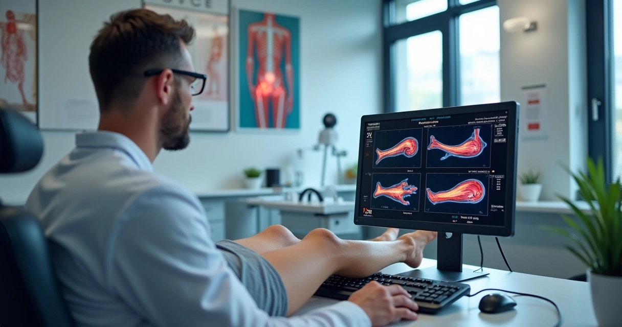 Médico vascular usando ultrassom Doppler para avaliar varizes em ambiente clínico moderno 
