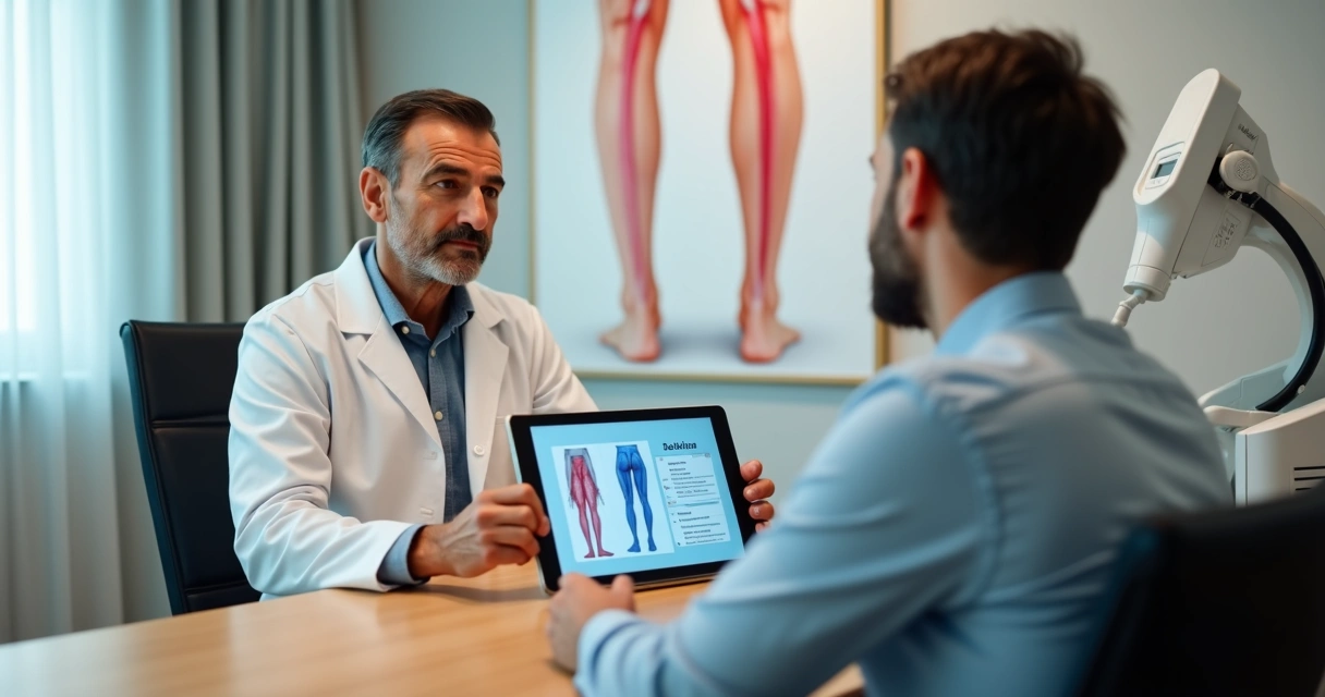 Médico vascular mostrando ilustração de varizes em tablet para paciente sentada em consultório moderno 