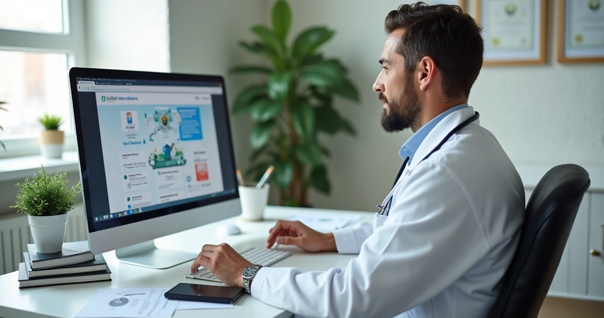Médico analisando post de publicidade médica no computador 