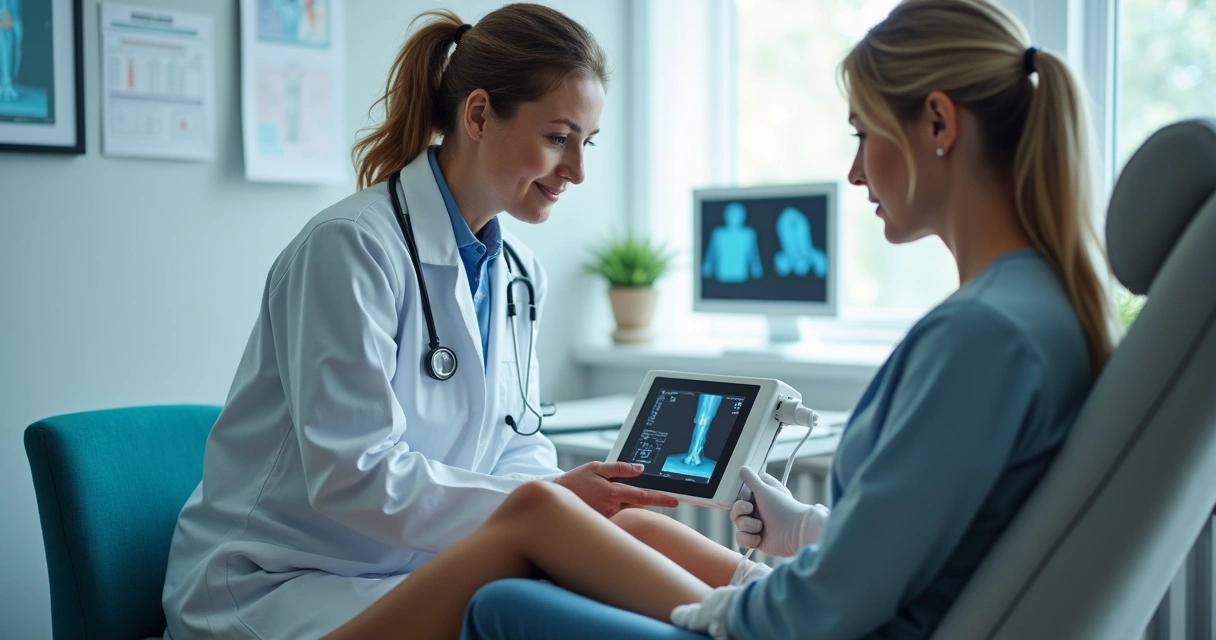 Médico avaliando varizes em consulta com equipamento de ultrassom 