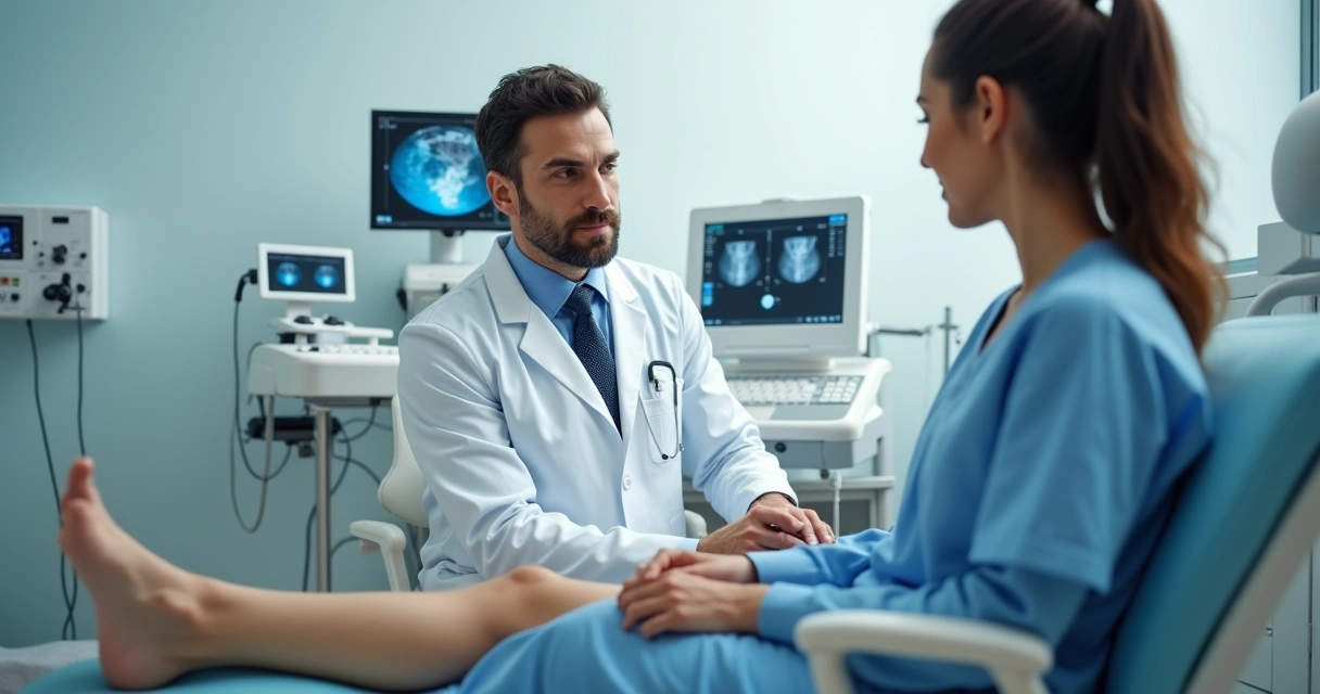 Médico vascular realizando exame de ultrassom na perna de paciente para varizes