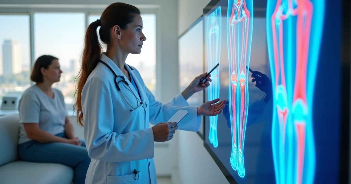 Médica vascular explicando tratamento moderno de varizes com tela digital de perna em clínica em Campinas 