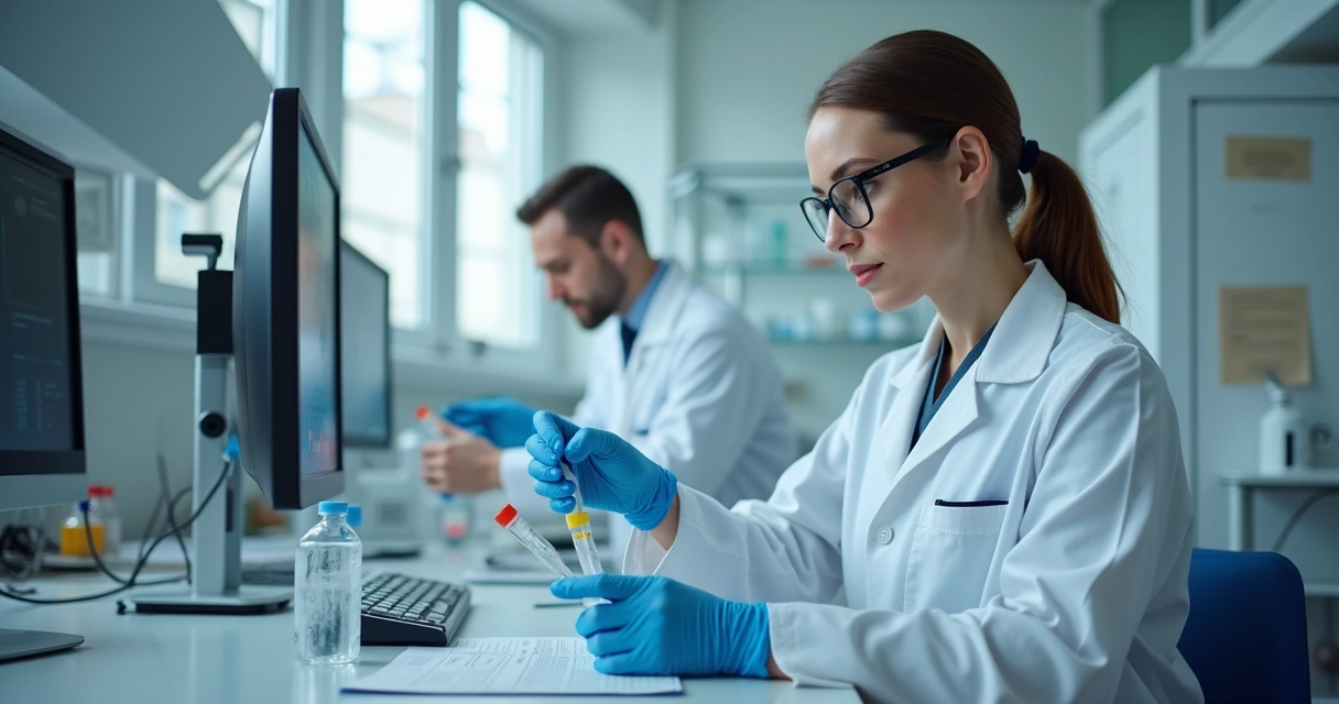 Veterinário analisando exames em laboratório moderno 