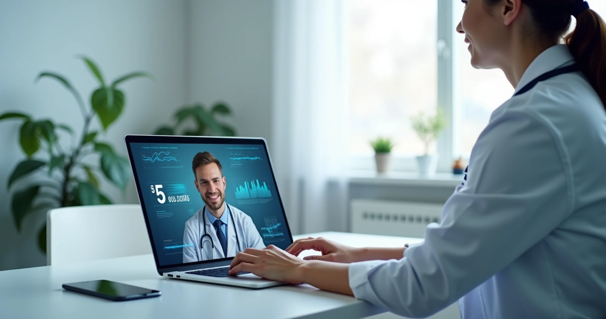 Médico em teleconsulta com painel de conexão 5G 