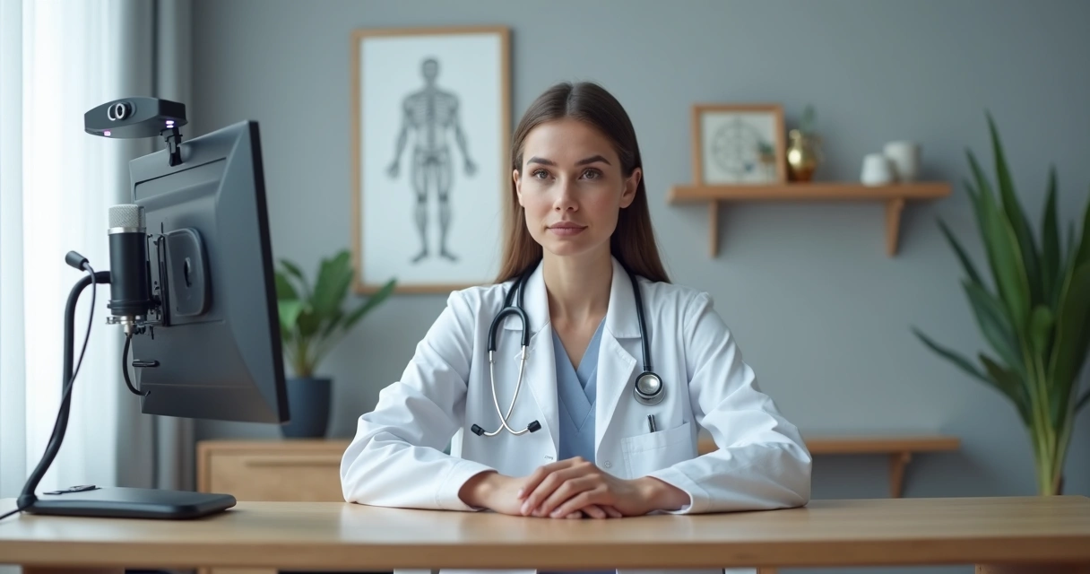 Médico em escritório caseiro preparado para videoconferência com câmera, microfone e luz de apoio 