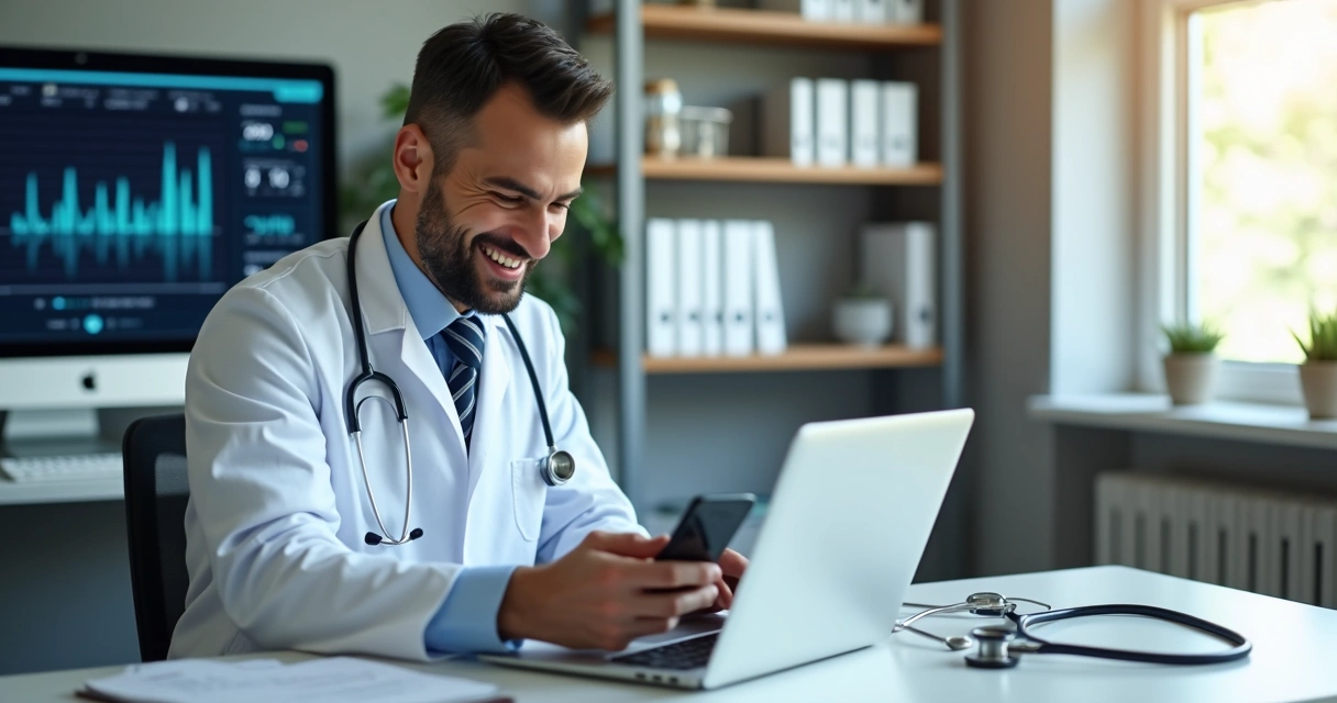 Médico em consultório moderno usando computador e smartphone, ambiente iluminado e tecnológico 