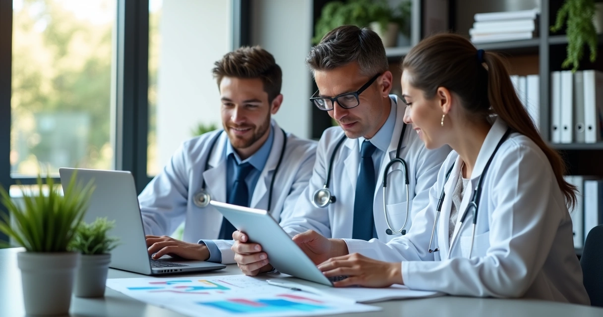 Médico e profissionais de contabilidade usando computadores com gráficos de finanças e impostos na tela 