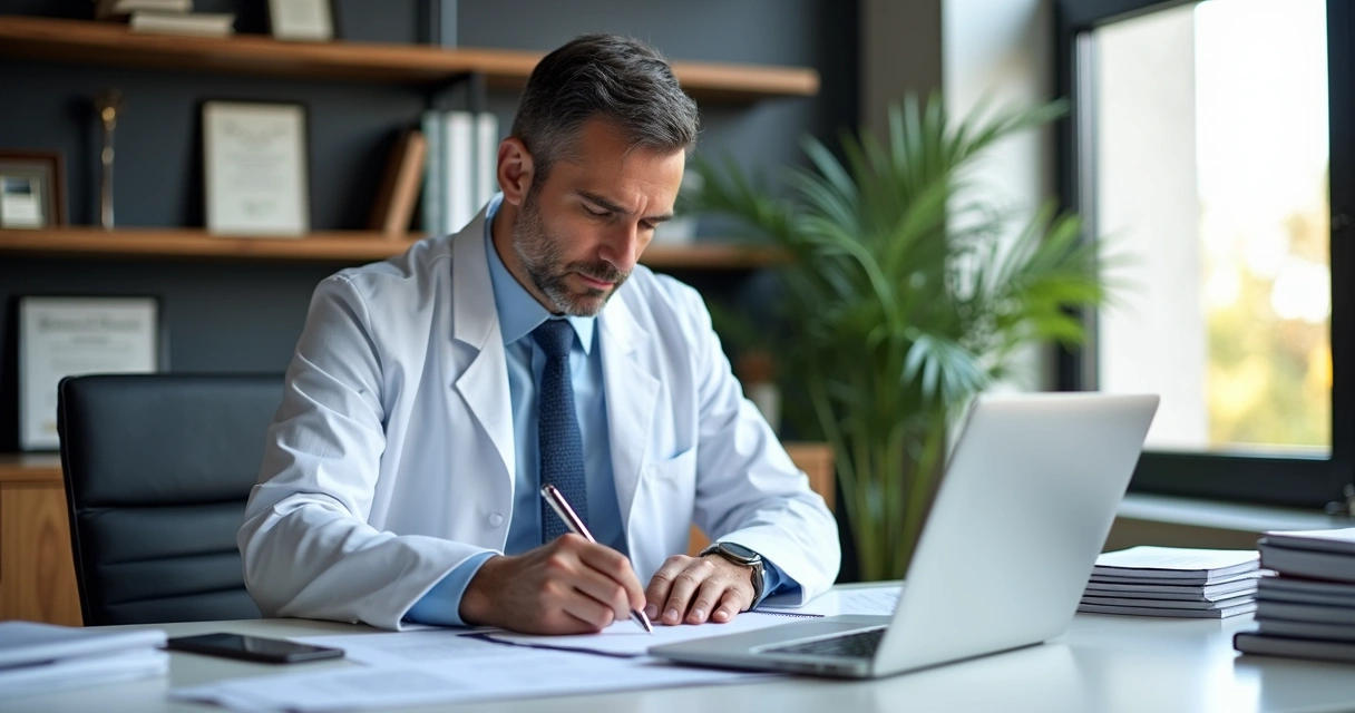 Médico escrevendo documentos de gestão fiscal em escritório com computador e livros de contabilidade ao redor 