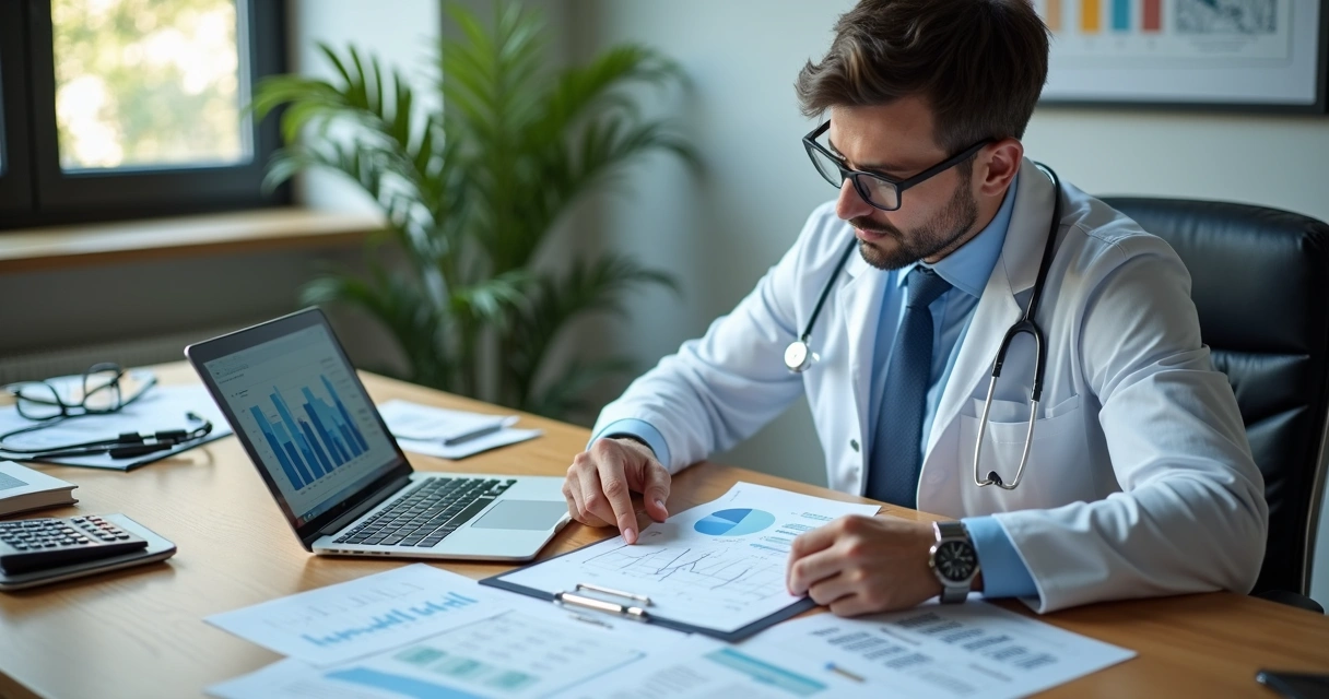 Médico analisando documentos fiscais e calculando impostos com tablet e computador na mesa de escritório moderno 