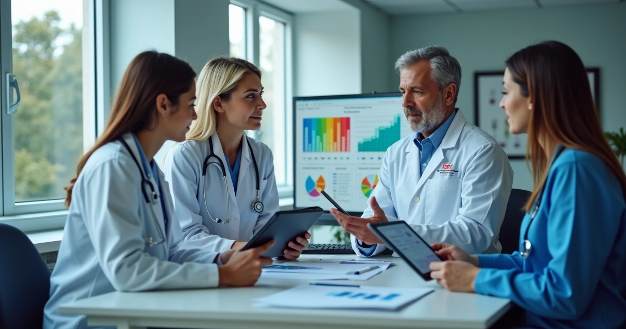 Profissionais de saúde analisando gráficos de desempenho em computadores 