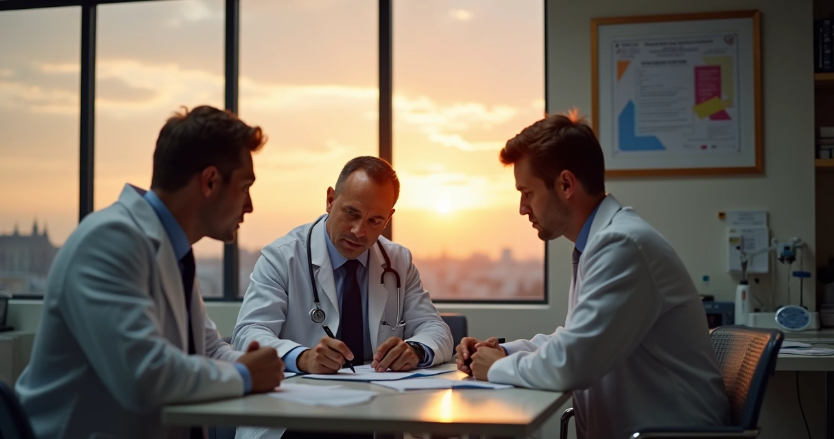 Médicos analisando documentos societários na clínica