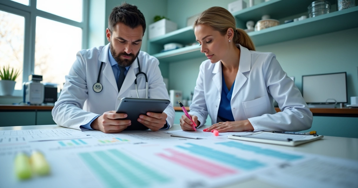 Médicos analisando exames laboratoriais em uma mesa 