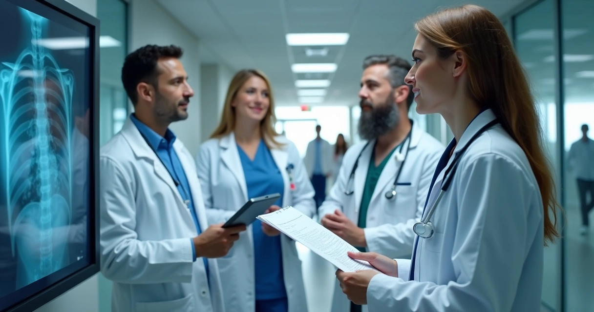 Equipe médica em hospital movimentado analisando exames 