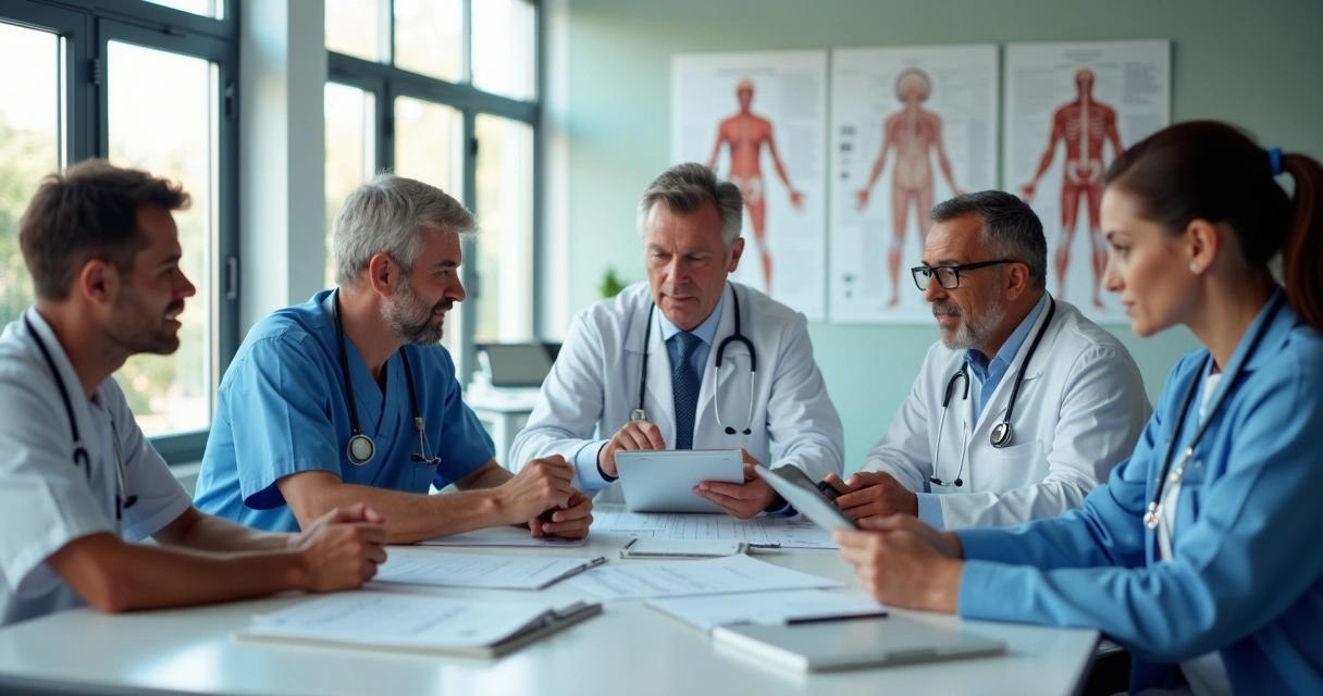 Grupo diversificado de profissionais médicos em escritório moderno discutindo gestão de saúde 