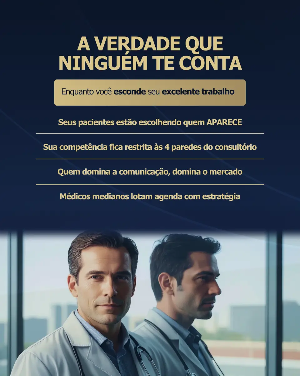 Dois médicos de jaleco em consultório com texto motivacional sobre comunicação e marketing médico