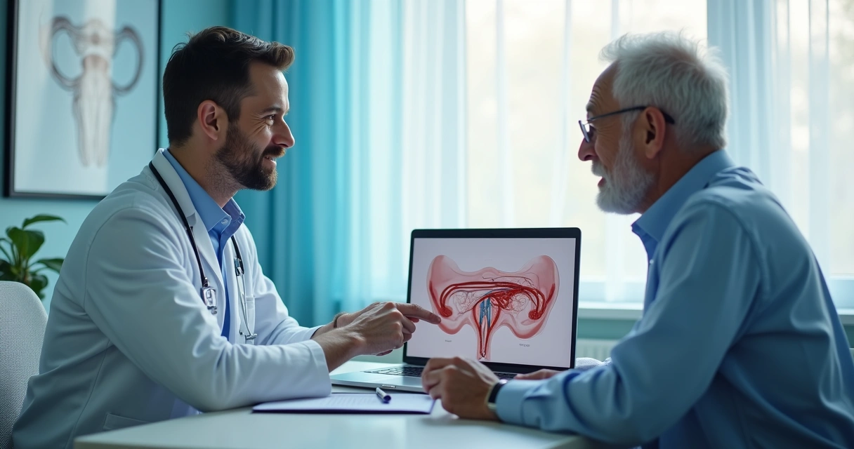 Médico conversando calmamente com homem em consultório, discutindo opções de tratamento.