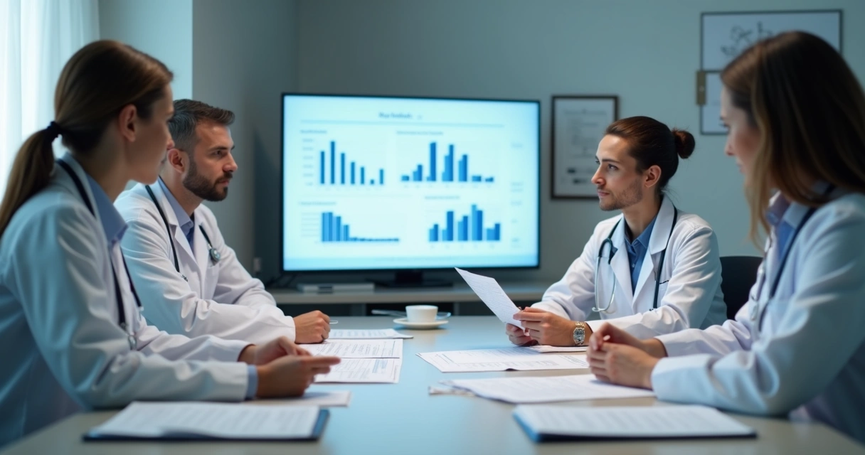 Médicos conversando em sala de reunião, analisando documentos e gráficos.