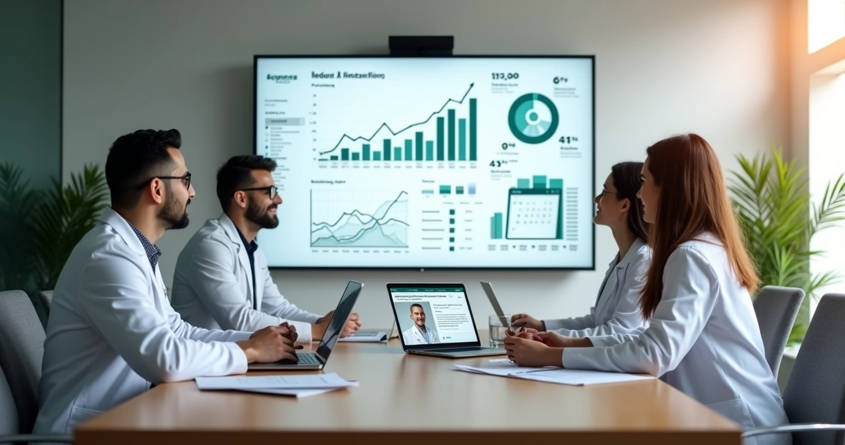 Equipe de médicos reunida com consultor de marketing analisando painel digital 