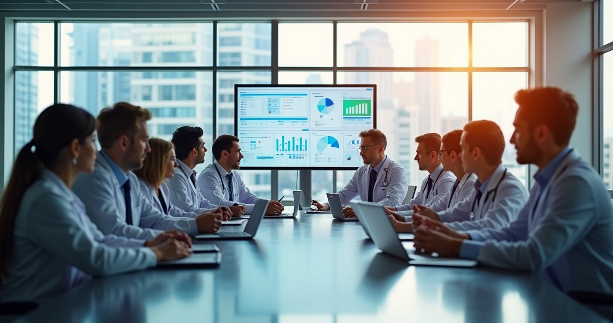 Médicos em reunião no escritório discutindo gestão de saúde corporativa 