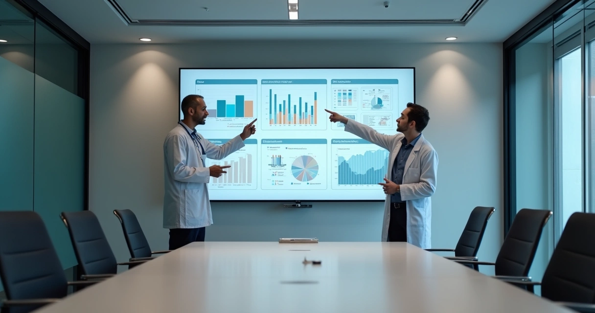 Dois médicos apontando dados em uma tela digital em sala de reunião 