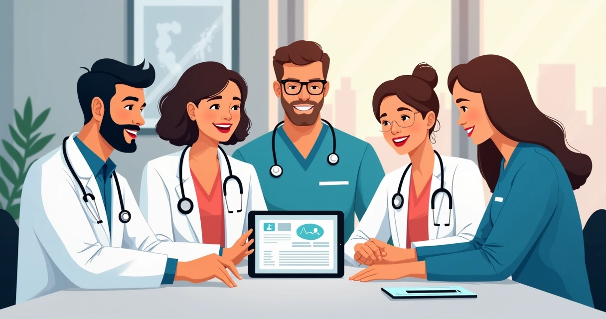 Equipe médica satisfeita usando tablet com IA 