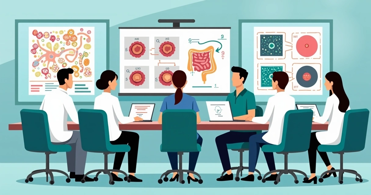 Relação entre Streptococcus gallolyticus e câncer colorretal: diagnóstico e prevenção 3 Equipe médica em discussão clínica sobre infecções e câncer