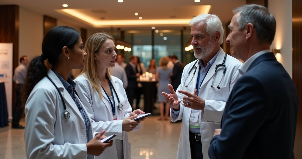 Grupo de médicos jovens e experientes conversando em evento de networking médico elegante 