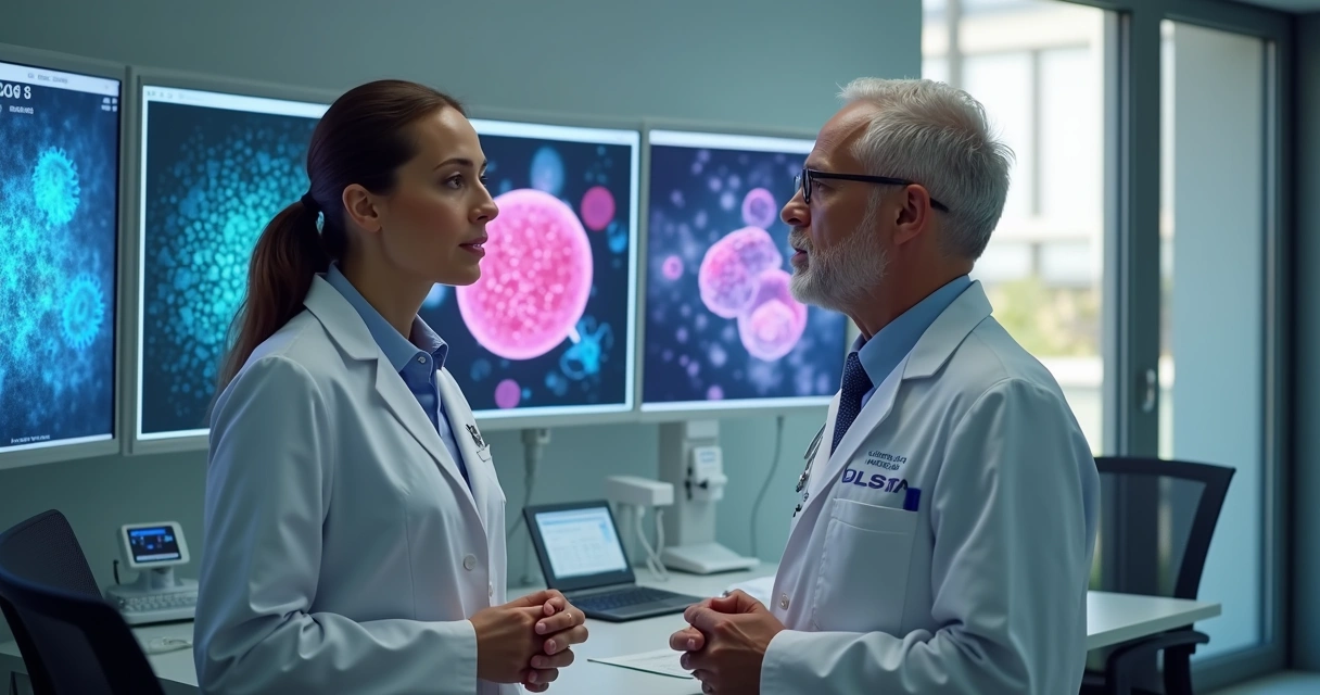 Dois médicos em consultório moderno discutindo exames e diagnósticos com telas digitais ao fundo, ambiente claro e profissional 
