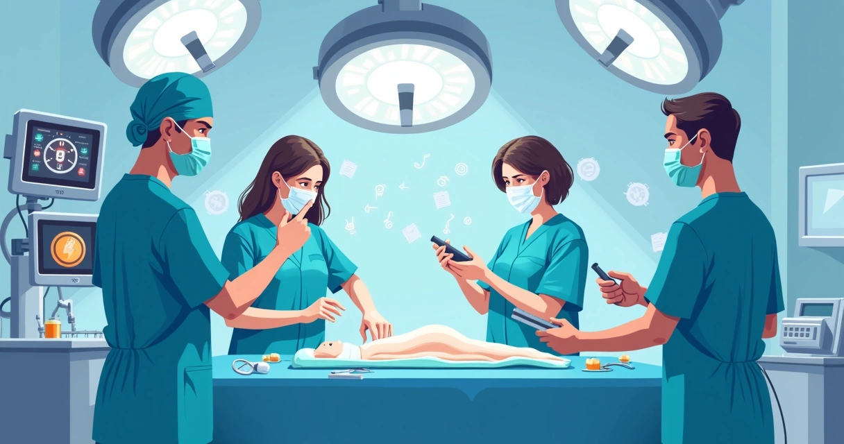 Equipe médica realizando procedimento anestésico com equipamentos digitais 