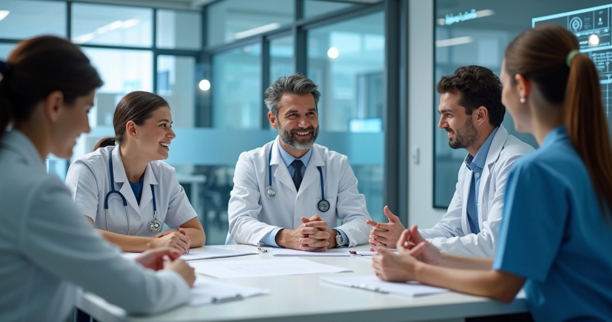 Equipe multidisciplinar de saúde reunida em ambiente de atendimento mostrando integração de serviços 