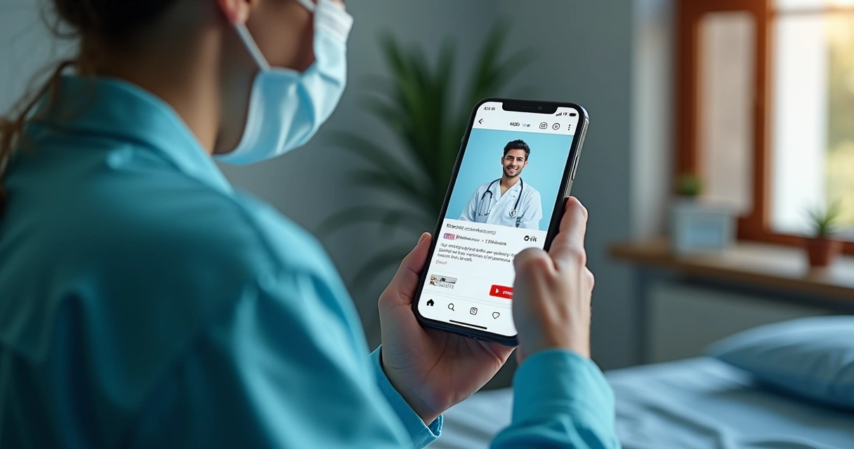 Médicos utilizando Instagram e YouTube em dispositivos digitais, mostrando telas com conteúdos médicos e gráficos de crescimento 