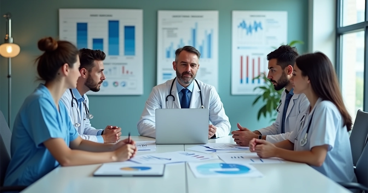 Equipe médica reunida analisando gráficos financeiros 