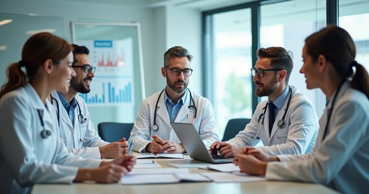 Médicos reunidos discutindo planejamento de carreira e finanças 