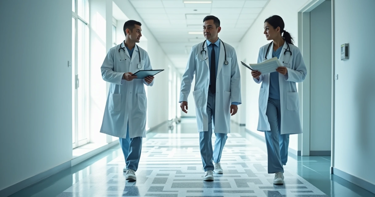 Médicos caminhando em corredor de hospital com sombra projetando um labirinto de contratos 