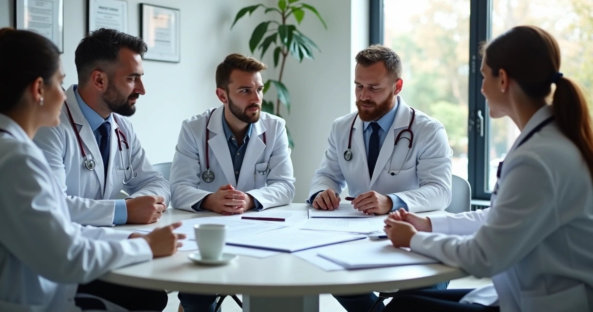 Médicos reunidos discutindo cláusulas contratuais