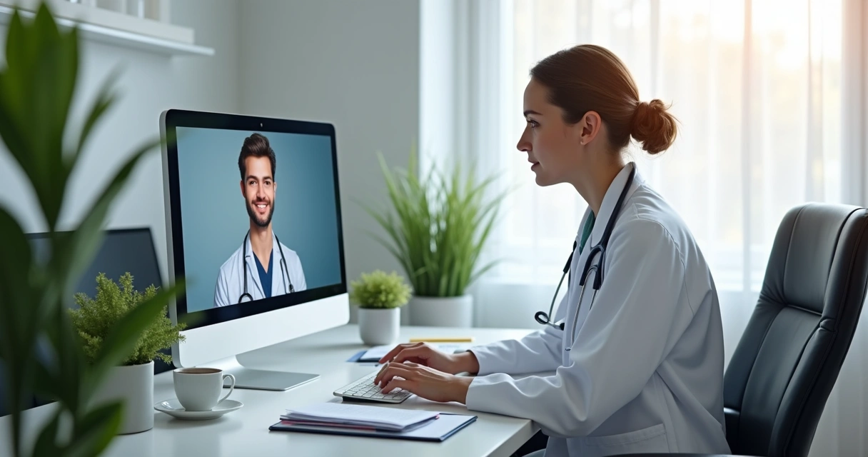 Médico atendendo paciente por videoconferência em sala iluminada 