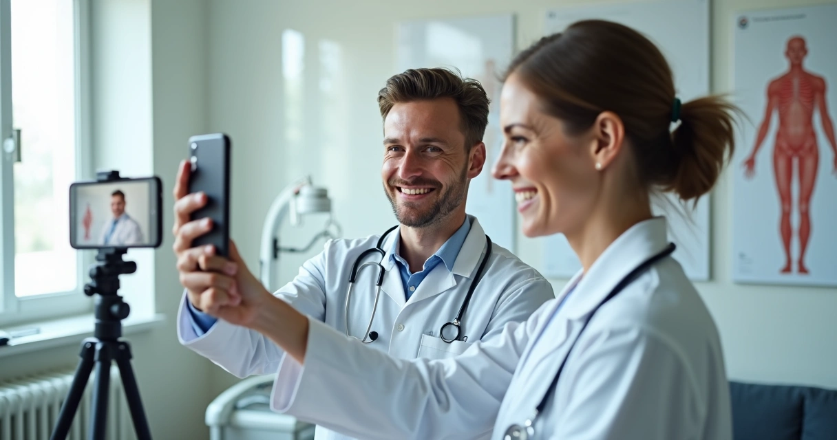 Dois médicos gravando vídeo para TikTok em consultório com fundo branco e acessórios de medicina 