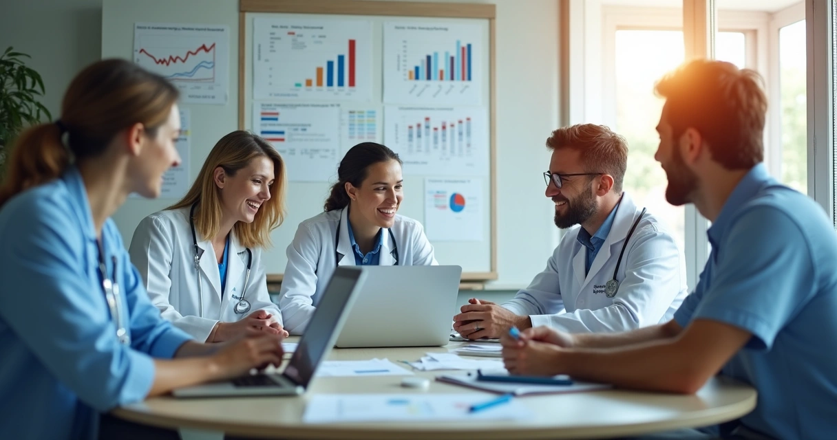 Equipe médica colaborando com estratégias de marketing digital em clínica