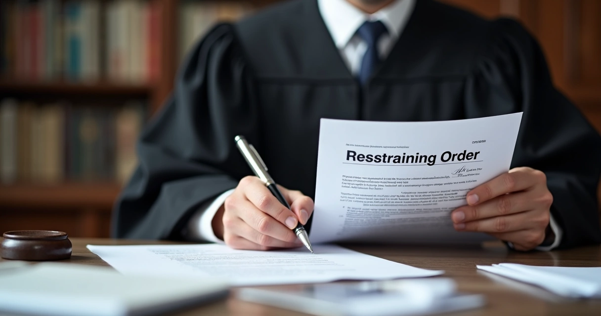 Juiz segurando documento assinando medida protetiva em tribunal, papéis na mesa