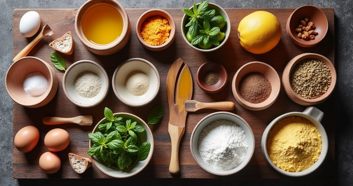 Conjunto de utensílios de medição caseira com xícaras, colheres e ingredientes para confeitaria organizados sobre bancada de madeira 