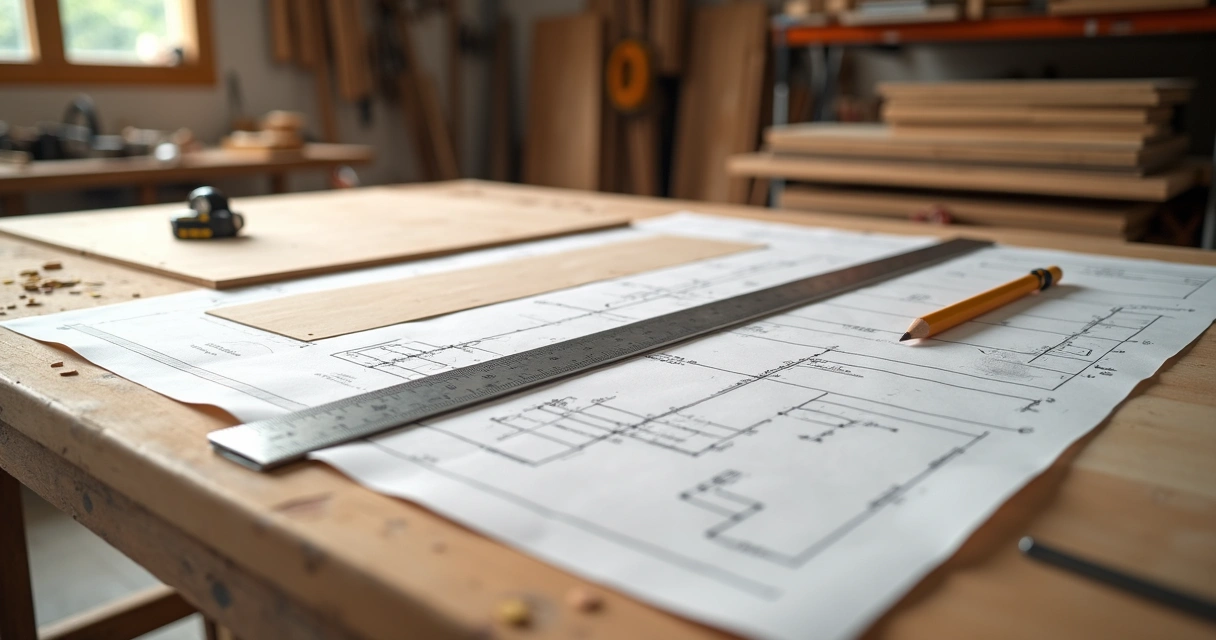 Mesa com planta de corte e régua metálica para medir materiais com precisão antes do corte 