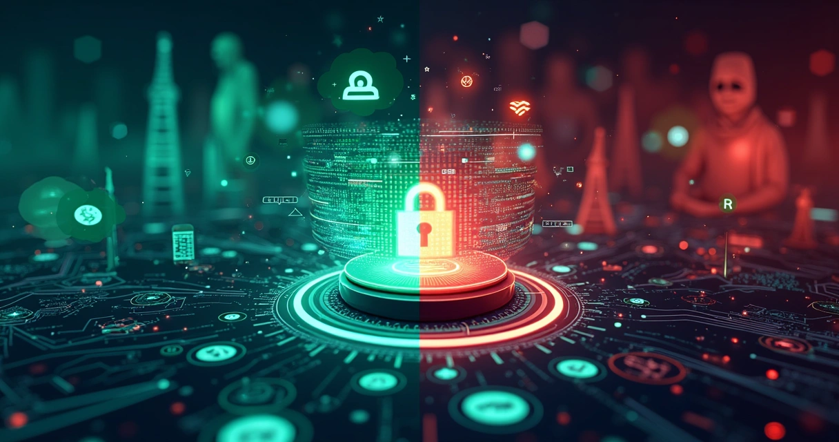 Tela dividida com ilustração colorida de um pagamento digital seguro de um lado e atividade hacker de outro, mostrando proteção digital. 