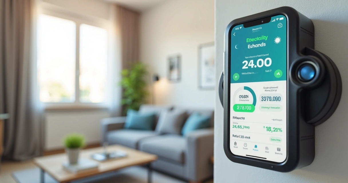 Medidor de energia e aplicativo mostrando consumo reduzido em imóvel 