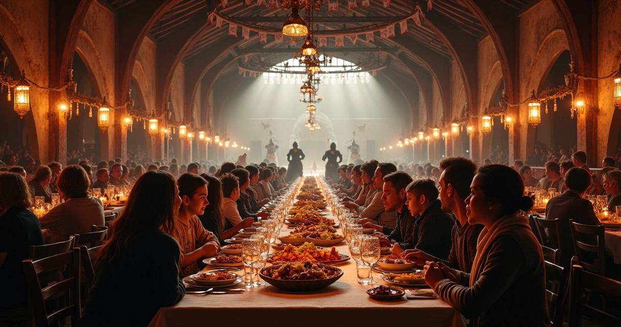 Mesa de jantar decorada e vista para torneio medieval em Orlando 